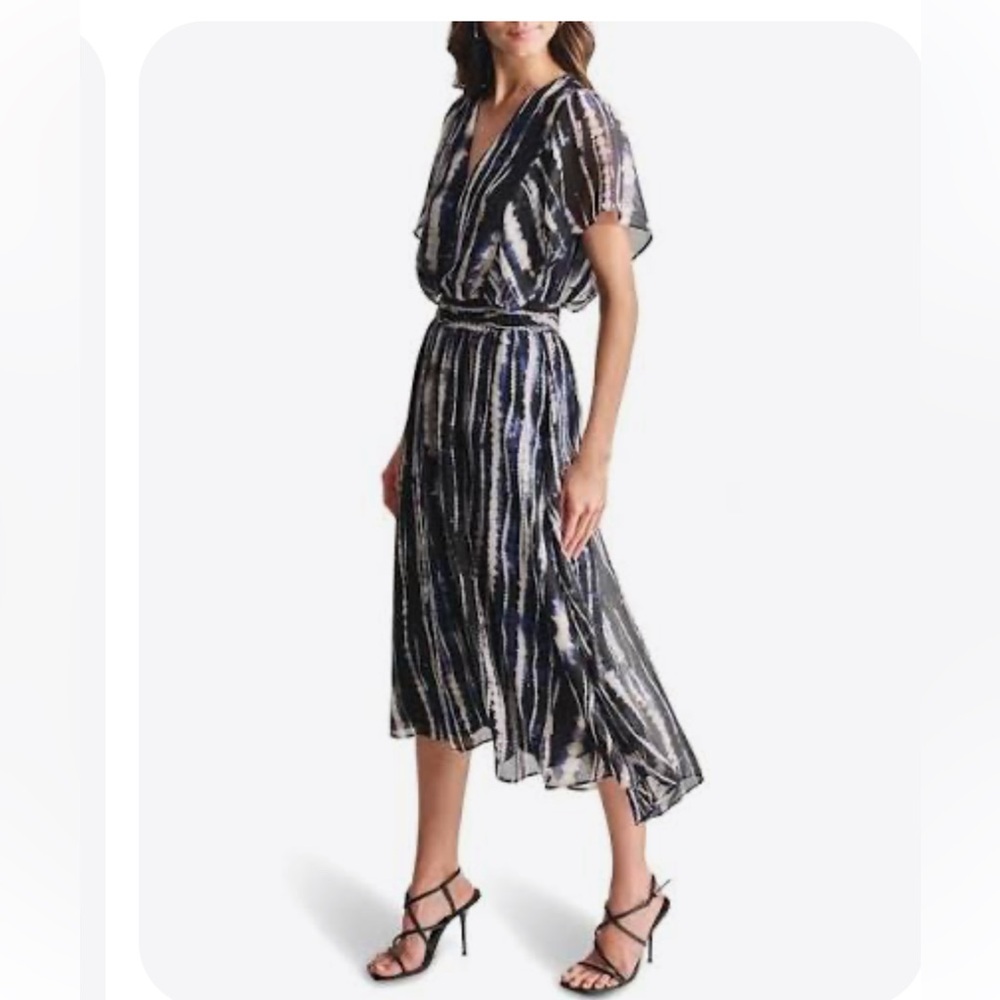 DKNY Blue and Black Striped Asymmetrical Midi Dress NEW